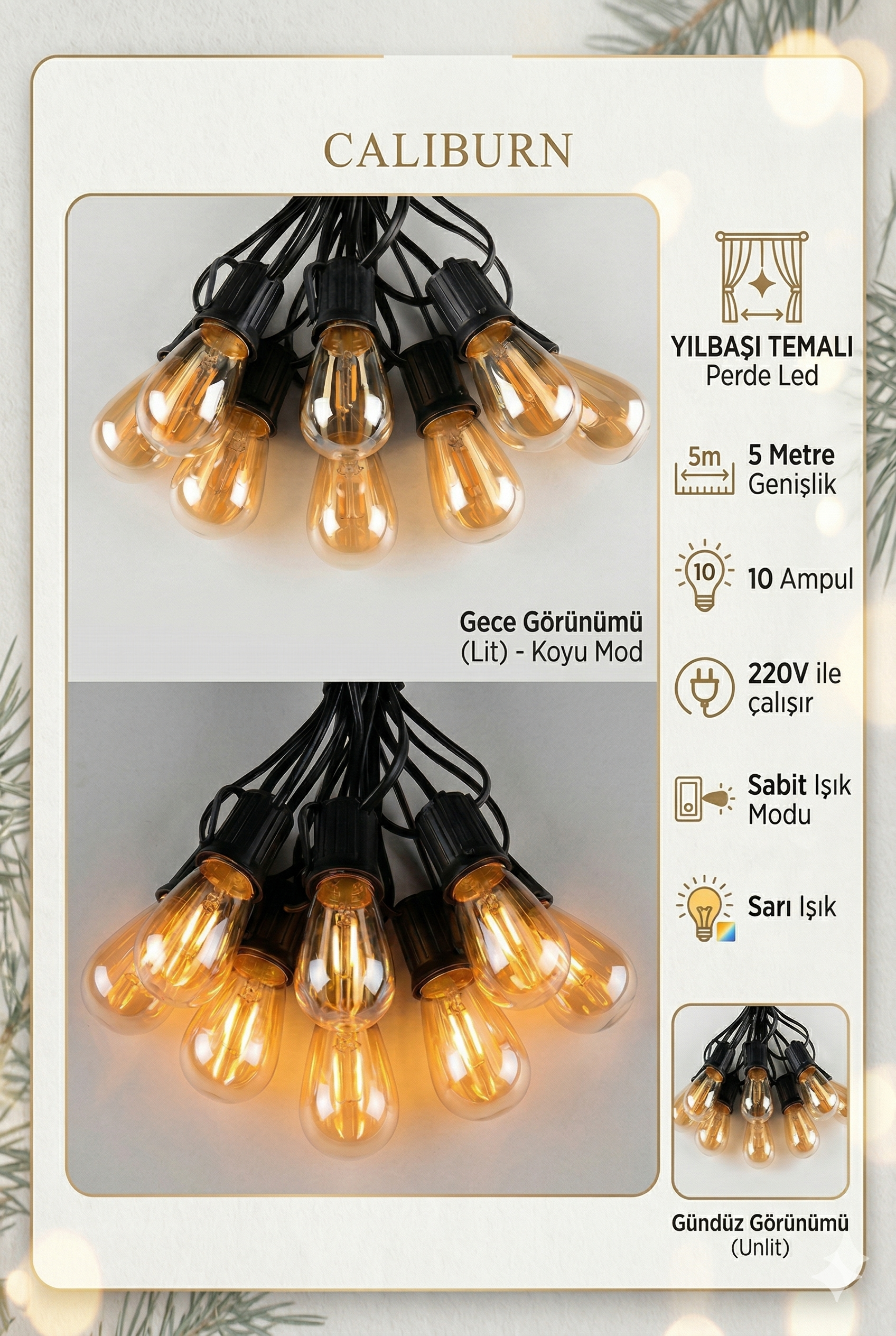 5 Metre Sabit Yanan Modlu 10 Ampul Parti Organizasyon Iç & Dış Mekan 2700K LED Aydınlatma Uzatma Fişli